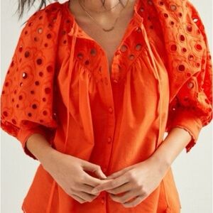 Anthropologie Orange Puff Sleeve Blouse with Bib Collar | Size S